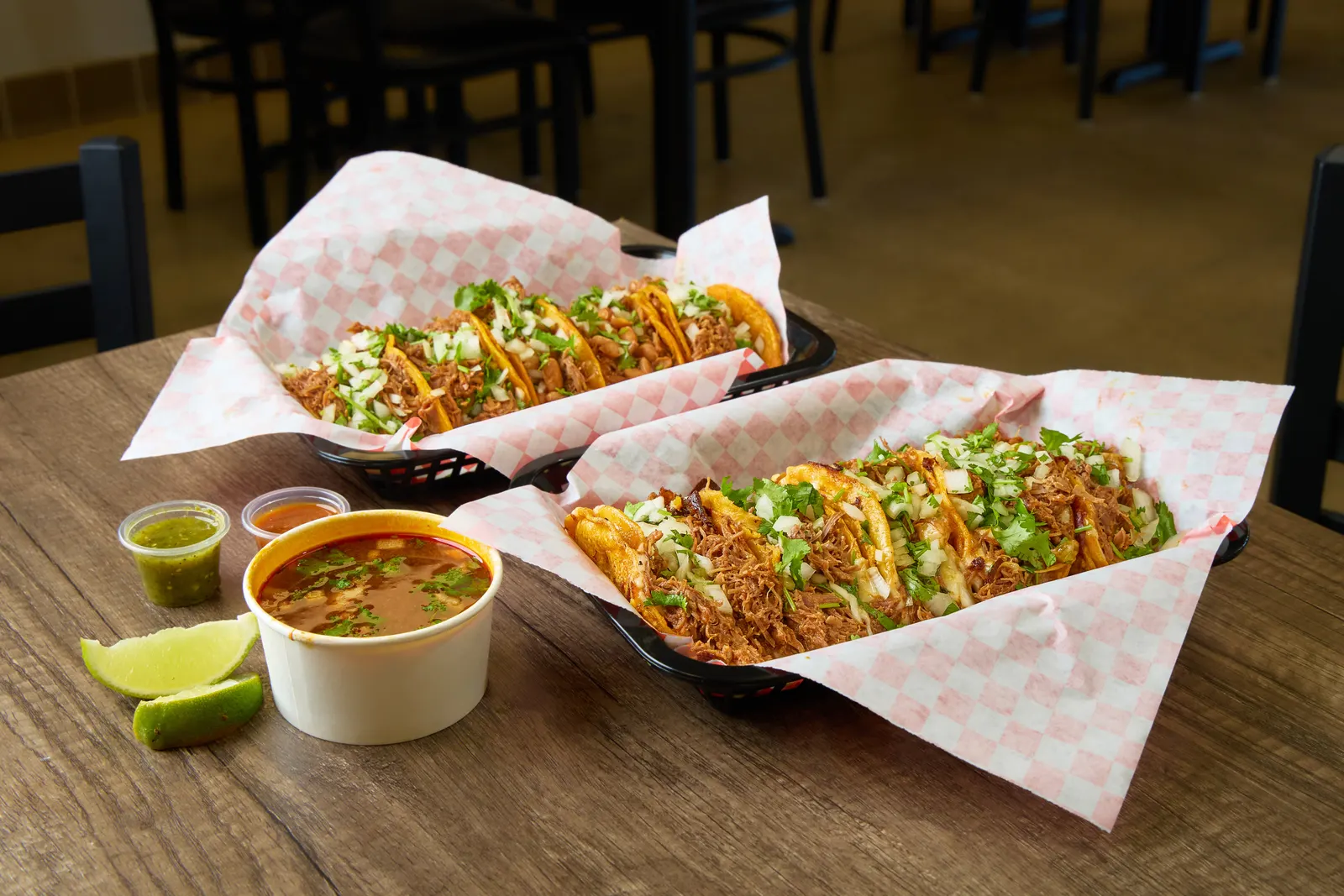 Taco baskets at Mr. Birria Santee — follow @mr_birria