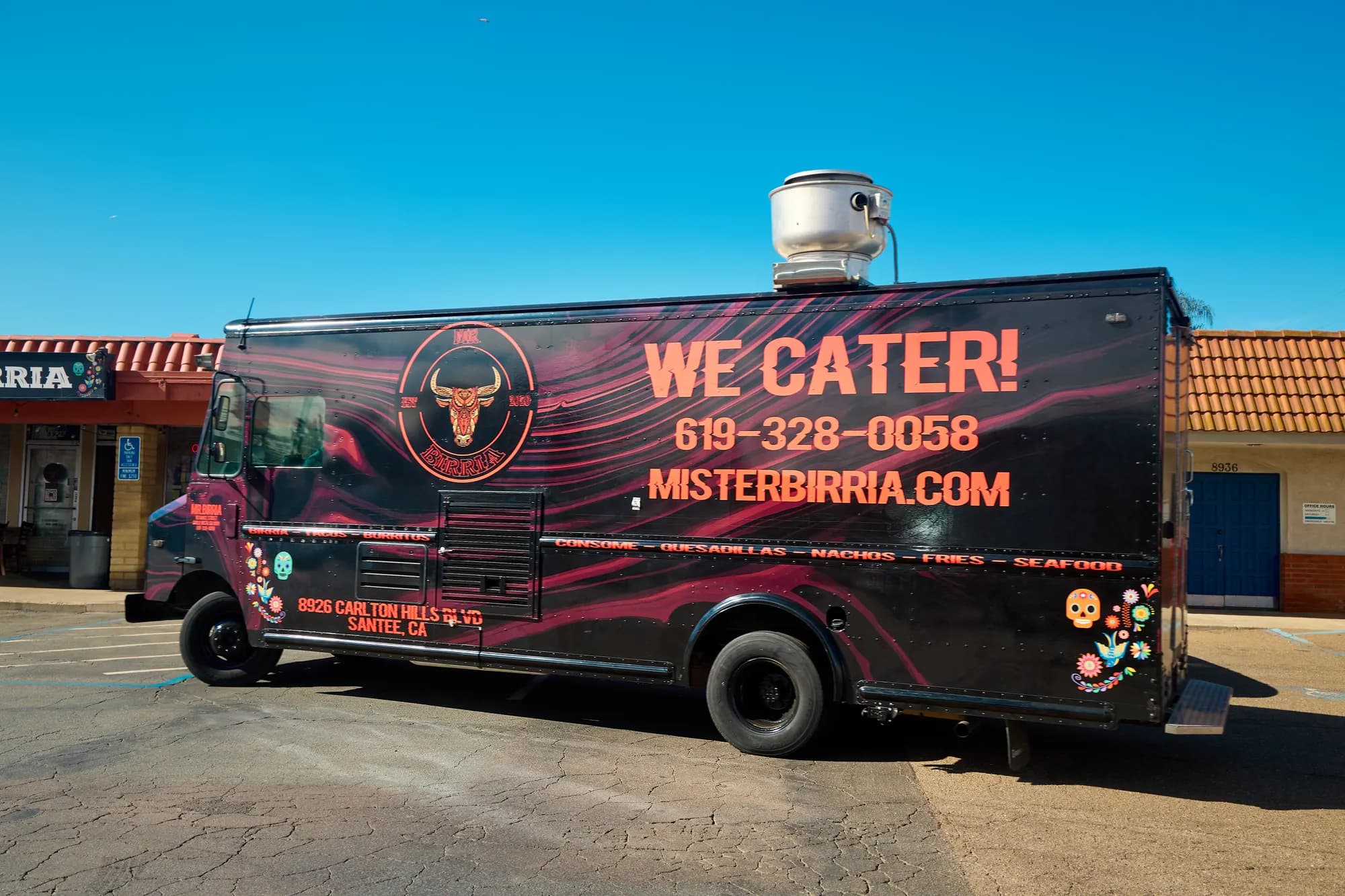 The Mr. Birria taco truck parked outside the Santee restaurant