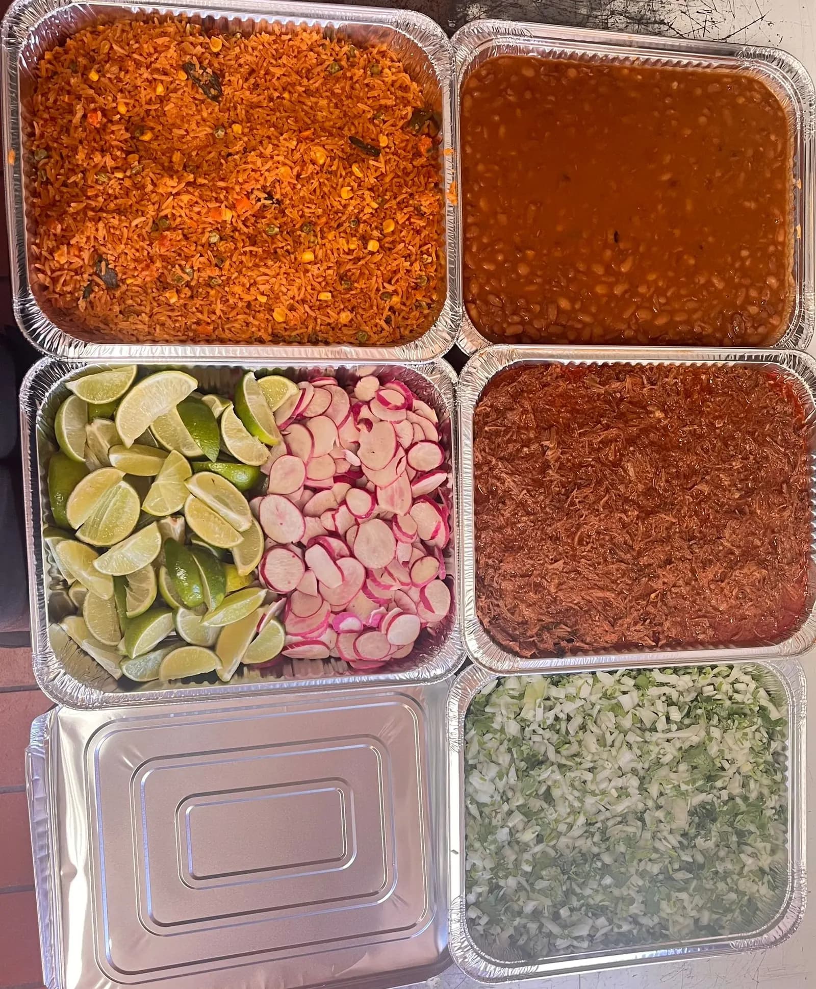 Overhead view of a Mr. Birria catering platter set: rice, beans, birria, limes, radishes and cilantro
